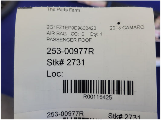 2013 Chevrolet Camaro SS Coupe Passenger Roof or Curtain Air Bag 2731