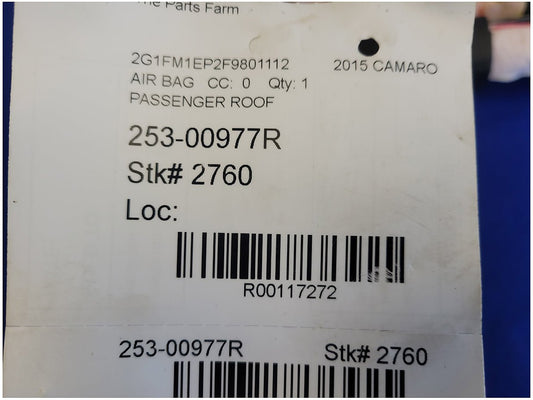 2015 Chevrolet Camaro SS Coupe Passenger Roof Curtain Air Bag 2760