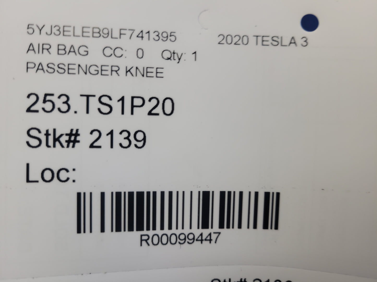 2020 Tesla Model 3 Passenger Lower Knee Air Bag 2139 - The Parts Farm