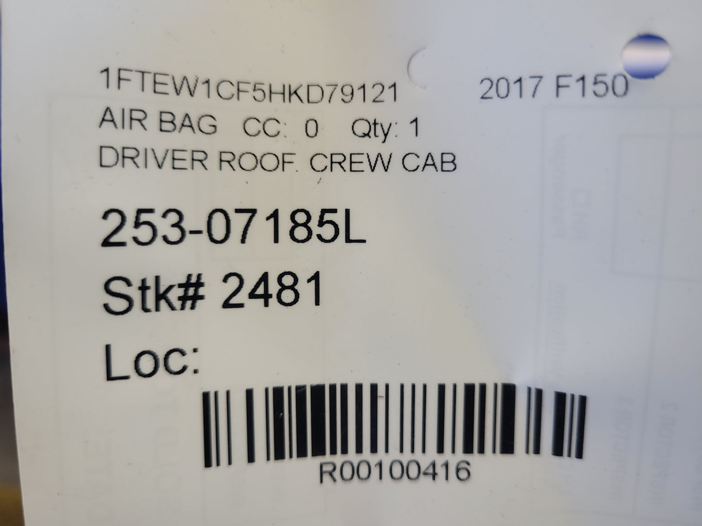 2015-2017 Ford F150 Pickup Truck Crew Cab Driver Roof Curtain Air Bag 2481 - The Parts Farm