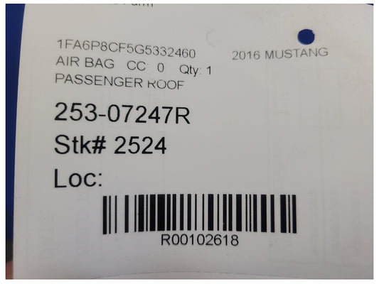 2015-2017 Ford Mustang GT S550 Coupe Passenger Roof Curtain Air Bag 2524