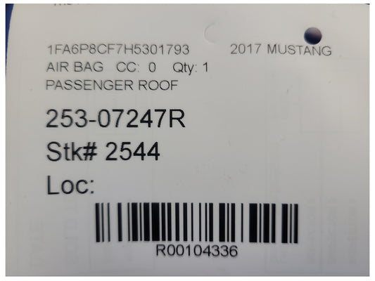 2015-2017 Ford Mustang GT S550 Coupe Passenger Roof Curtain Air Bag 2544