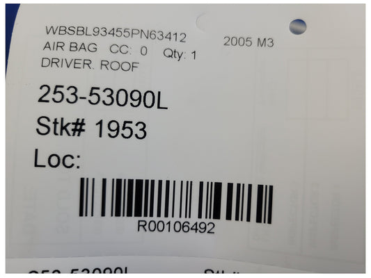 2005 BMW M3 E46 Driver LH Upper Roof Curtain Air Bag 1953