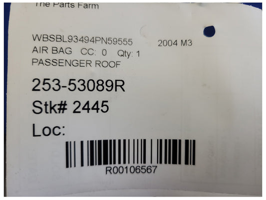 2004 BMW M3 E46 Coupe Passenger RH Upper Roof Curtain Air Bag 2445