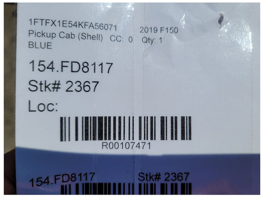 Stock 2367. 2019 Ford F150 Pickup Truck Cab Salvage Title Damage