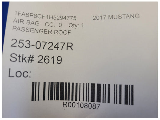 2015-2017 Ford Mustang GT S550 Passenger Upper Roof Curtain Air Bag 2619