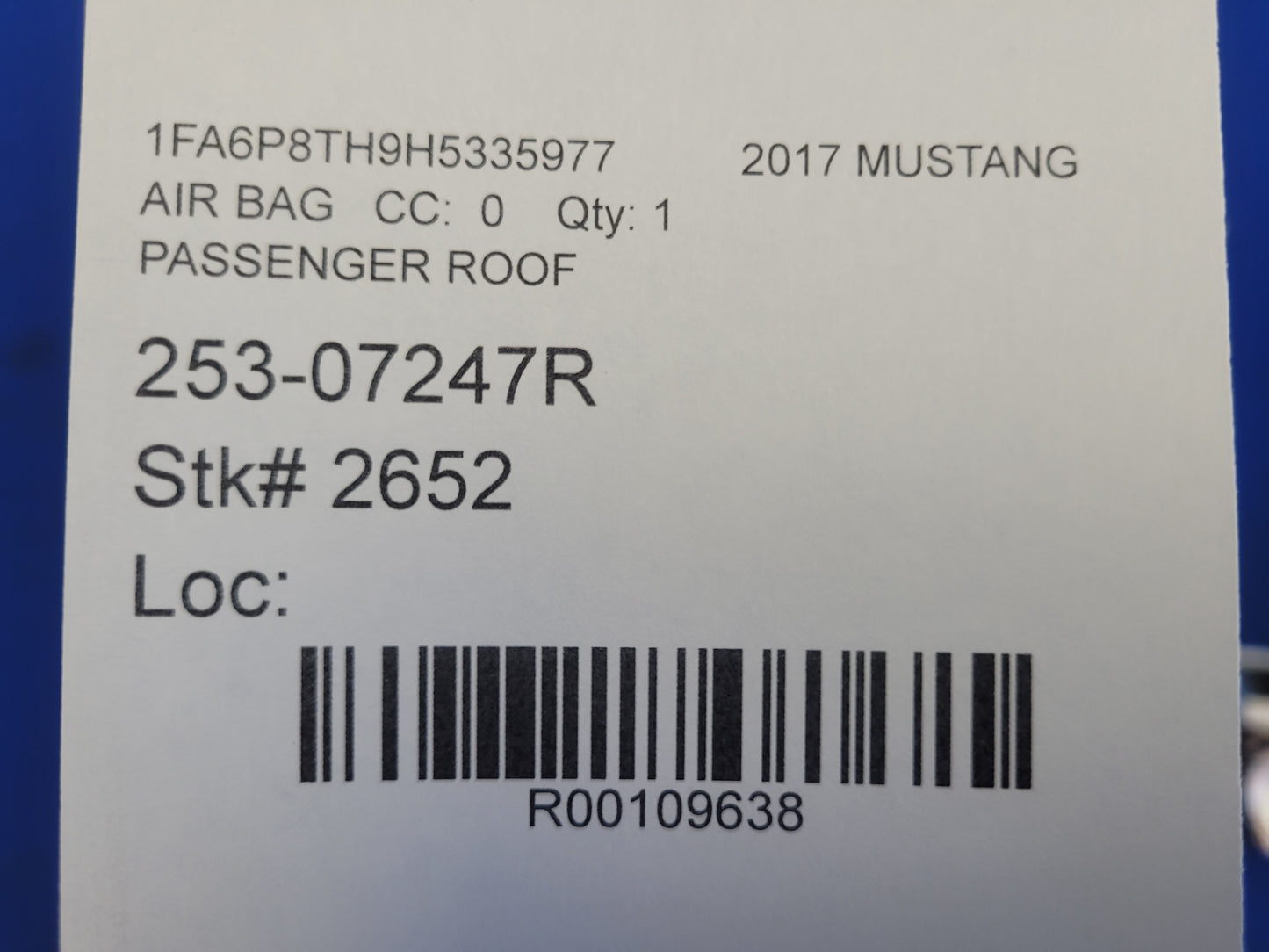 2015-2017 Ford Mustang GT S550 Passenger Upper Roof Curtain Air Bag 2652 - The Parts Farm