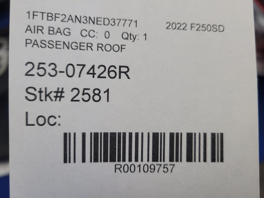 2017-2022 F250 Pickup Truck Passenger Roof Curtain Air Bag Crew Cab 2581