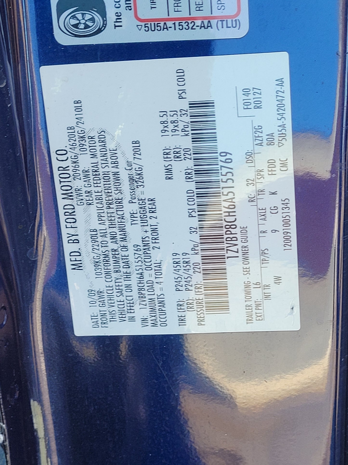Stock 2653. 2010 Ford Mustang GT Clear Title Frame Shell Body