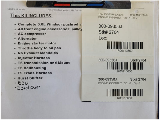 19941995 Ford Mustang 5.0L Complete Engine 5.0 302 Windsor Manual Trans T5 2704