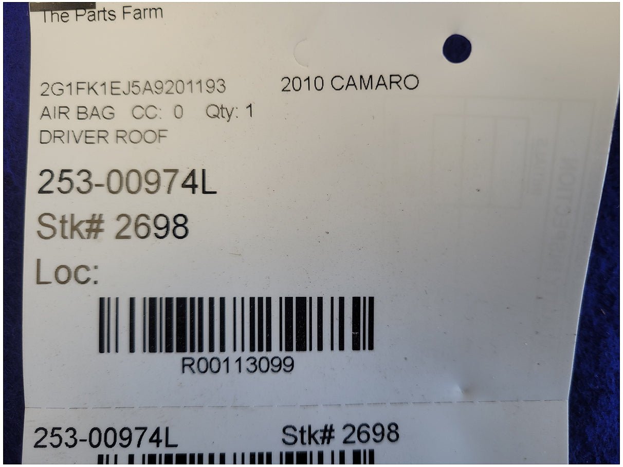 2010 Chevrolet Camaro SS Coupe Driver Roof or Curtain Air Bag 2698 - The Parts Farm