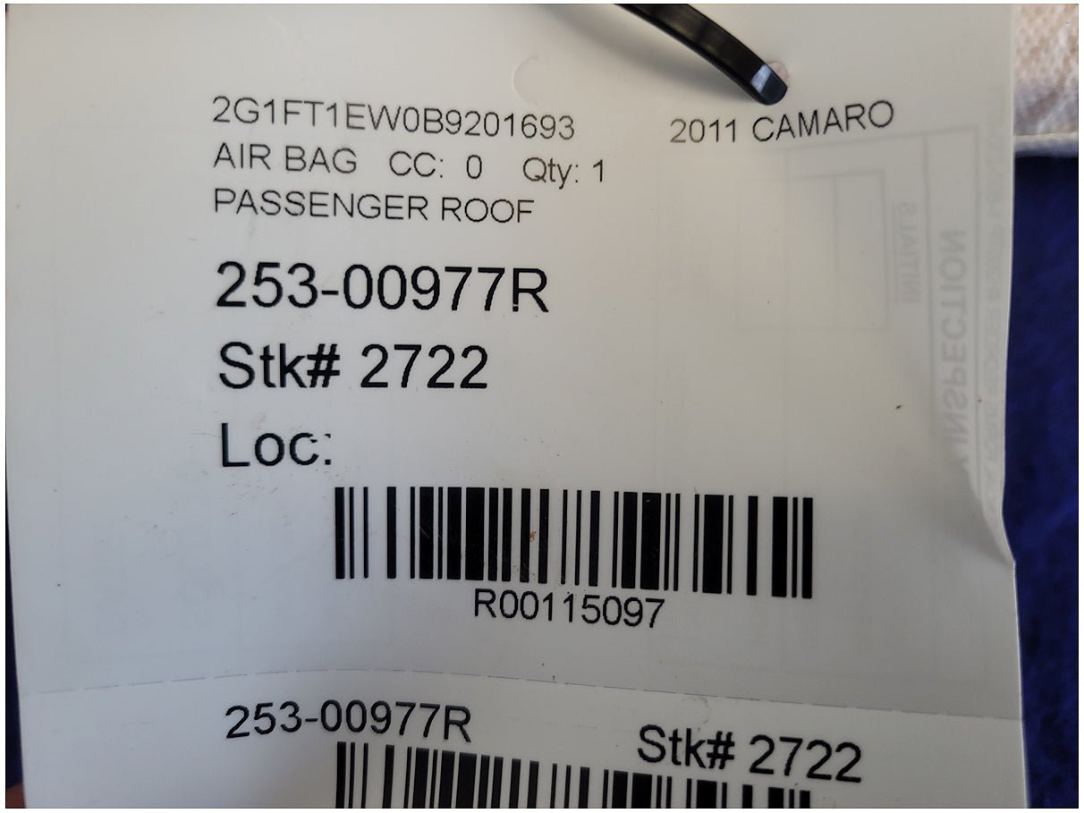 2011 Chevrolet Camaro SS Coupe Passenger Roof or Curtain Air Bag 2722 - The Parts Farm