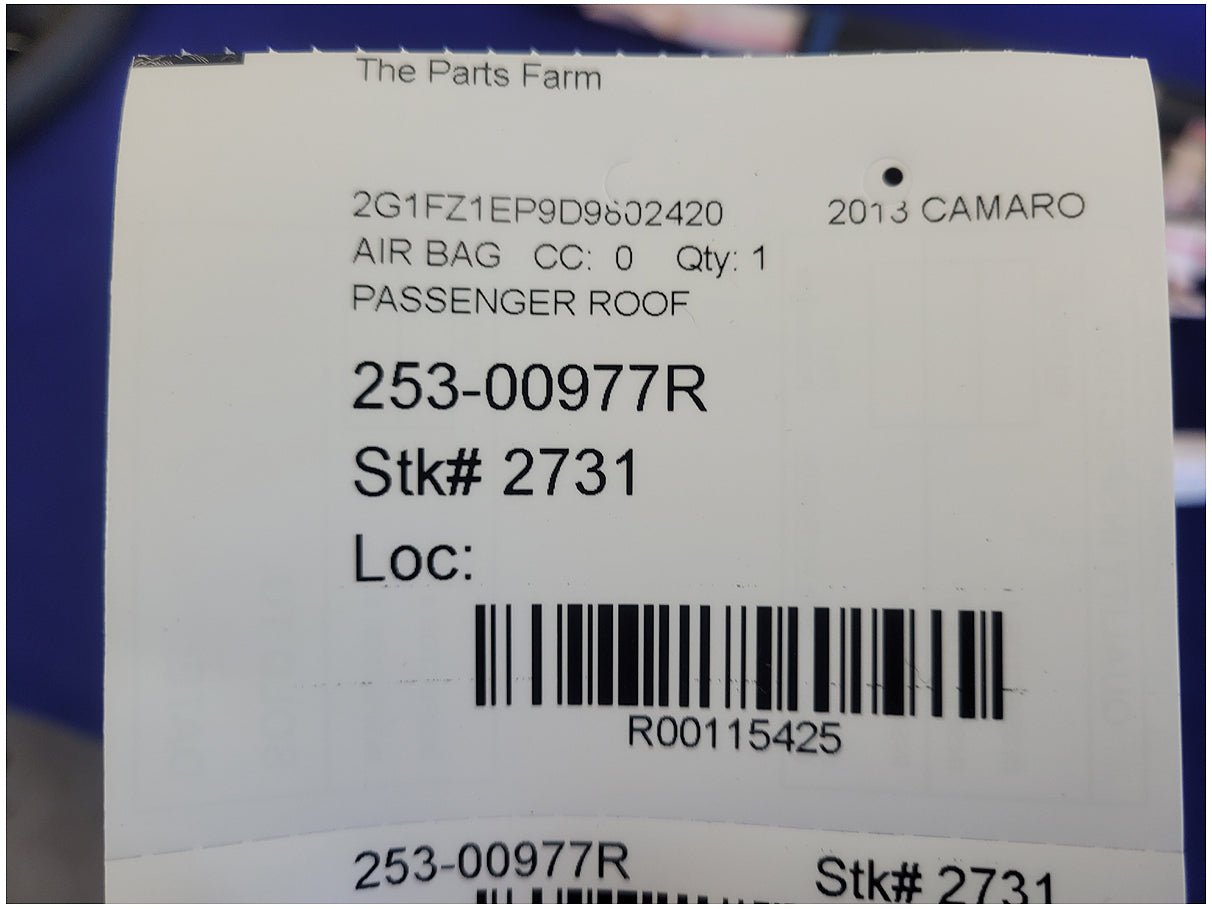 2013 Chevrolet Camaro SS Coupe Passenger Roof or Curtain Air Bag 2731 - The Parts Farm