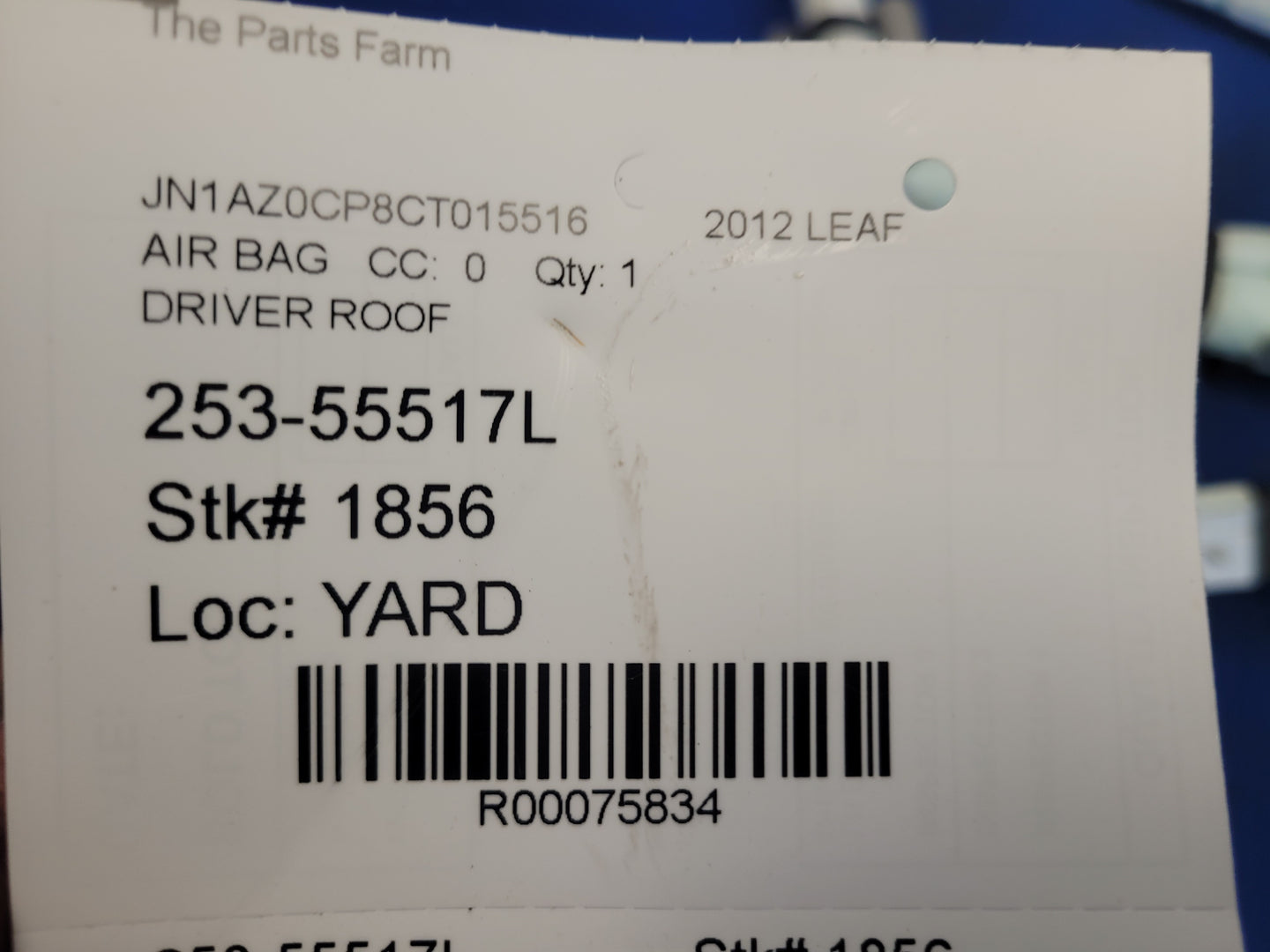 2012 Nissan Leaf Driver Roof Curtain Air Bag 1856 - The Parts Farm