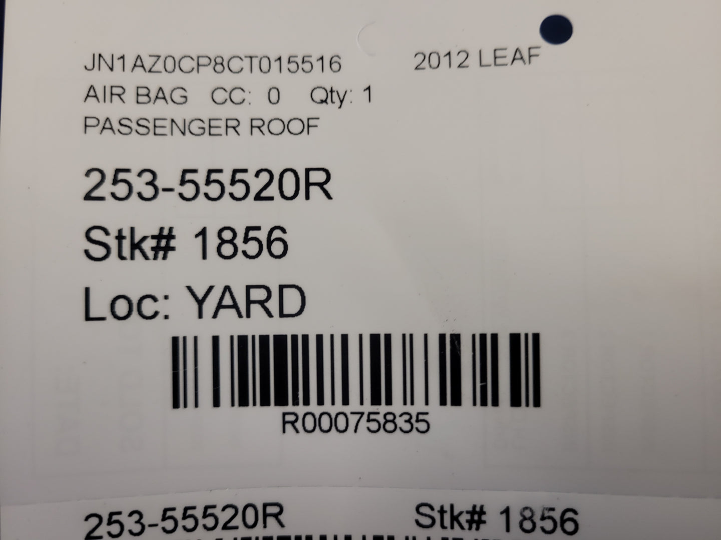 2012 Nissan Leaf Passenger Roof Curtain Air Bag 1856 - The Parts Farm