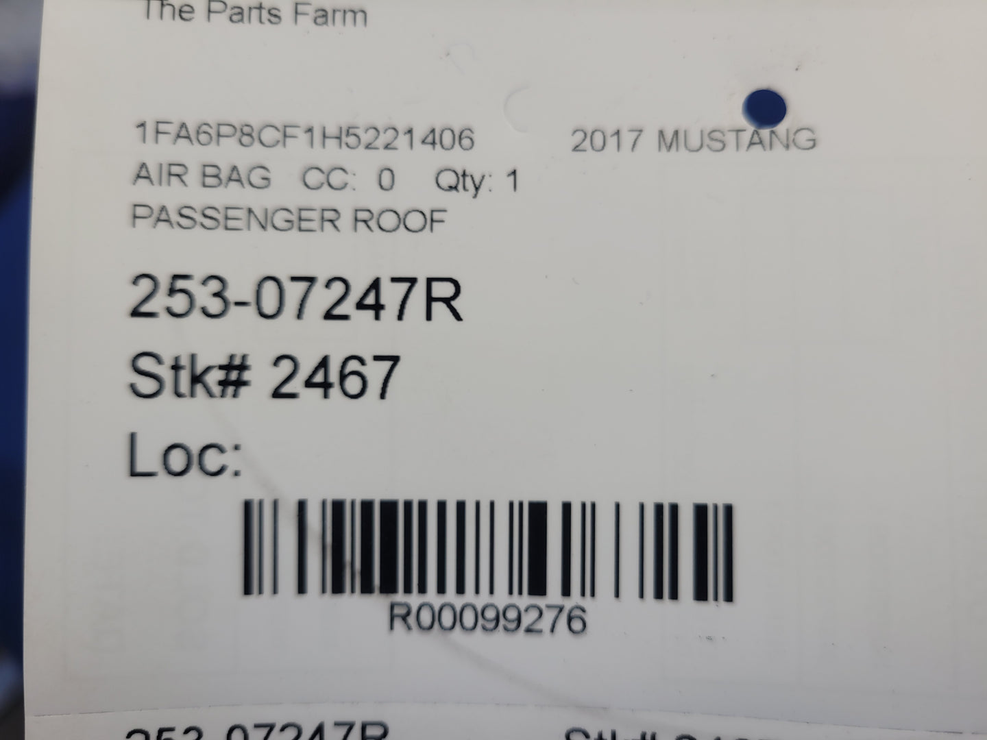 2015-2017 Ford Mustang GT S550 Passenger Roof or Curtain Air Bag 2467 - The Parts Farm