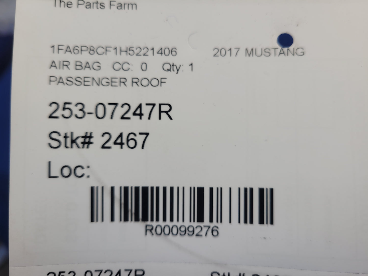 2015-2017 Ford Mustang GT S550 Passenger Roof or Curtain Air Bag 2467 - The Parts Farm