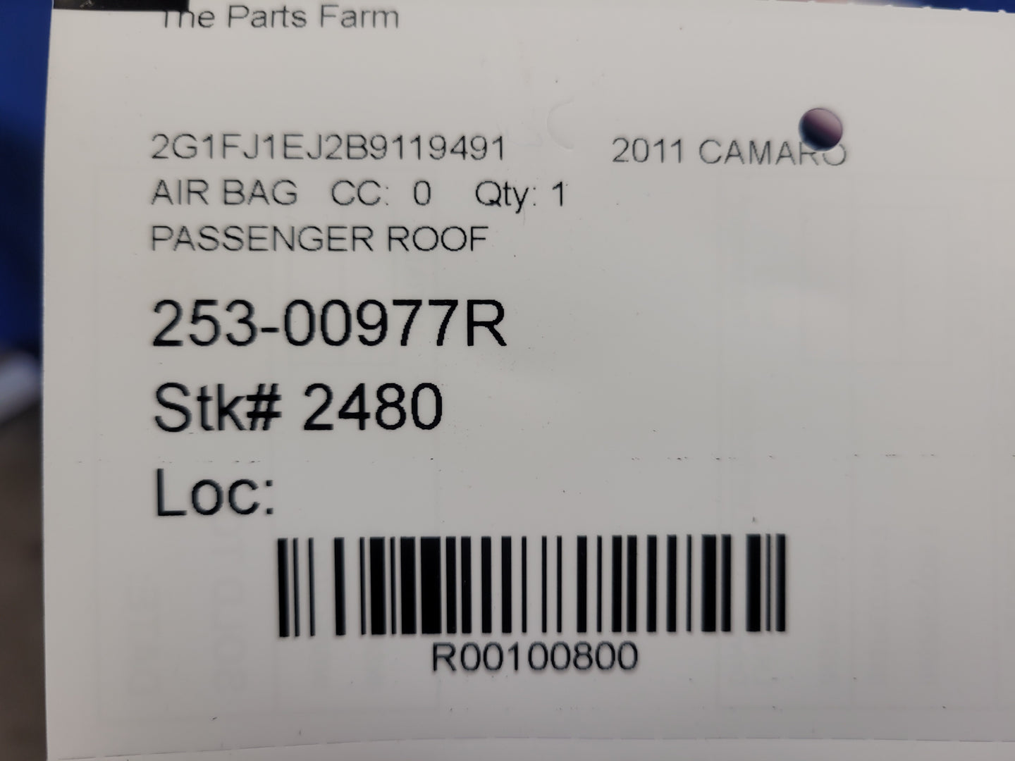 2011 Chevrolet Camaro SS Coupe Passenger Roof or Curtain Air Bag 2480 - The Parts Farm