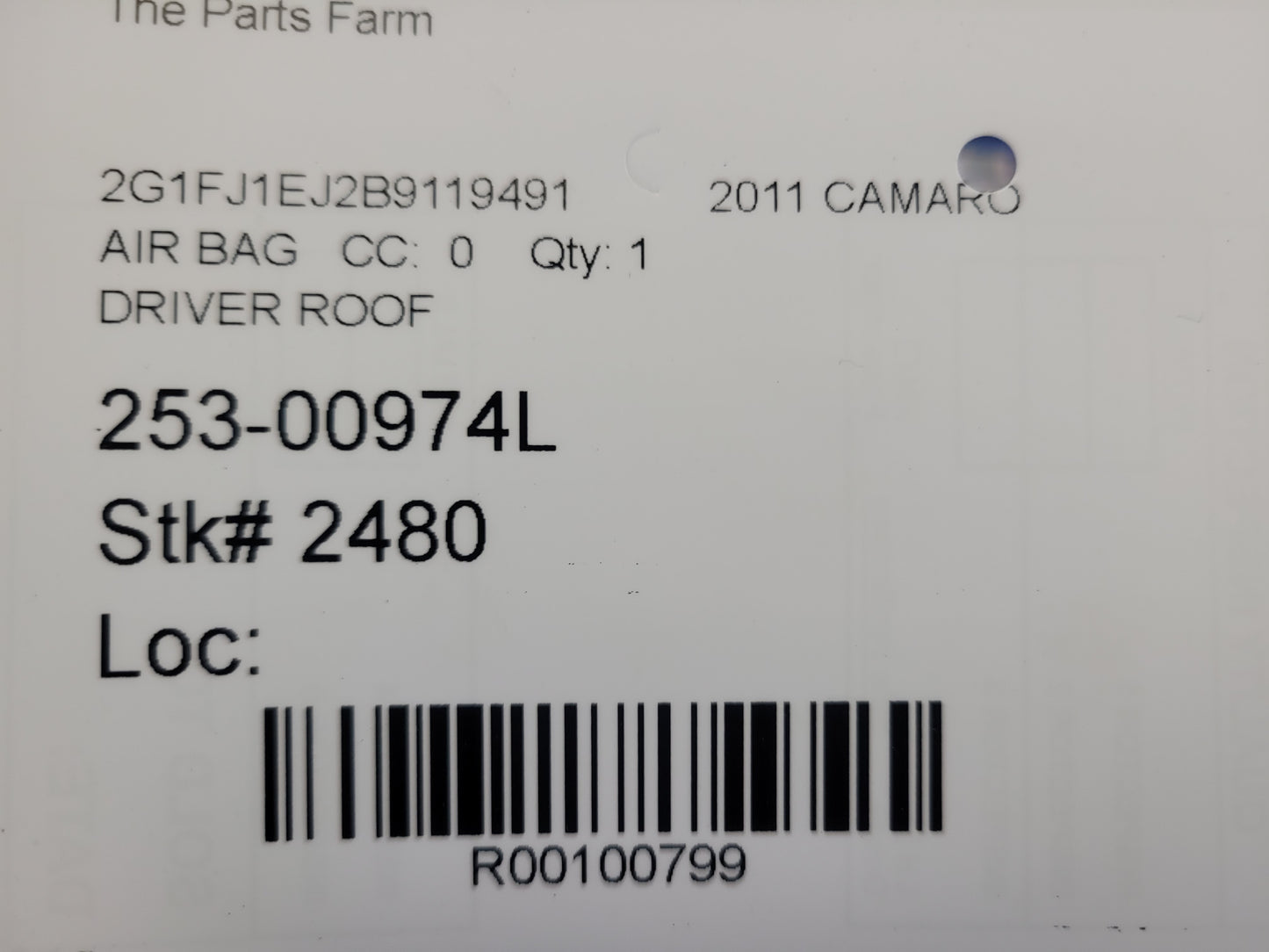 2011 Chevrolet Camaro SS Coupe Driver Roof Curtain Air Bag 2480 - The Parts Farm