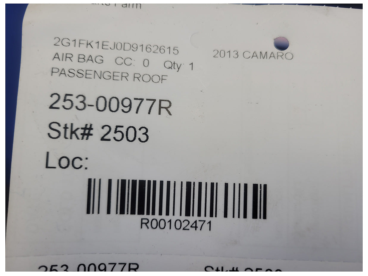 2013 Chevrolet Camaro SS Coupe Passenger Roof or Curtain Air Bag 2503 - The Parts Farm