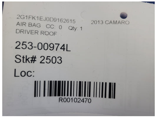 2013 Chevrolet Camaro SS Coupe Driver Roof Curtain Air Bag 2503