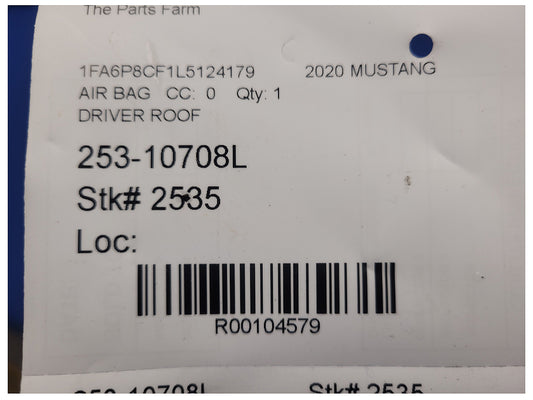 2020 Ford Mustang GT S550 Coupe Driver Upper Roof Curtain Air Bag 2535