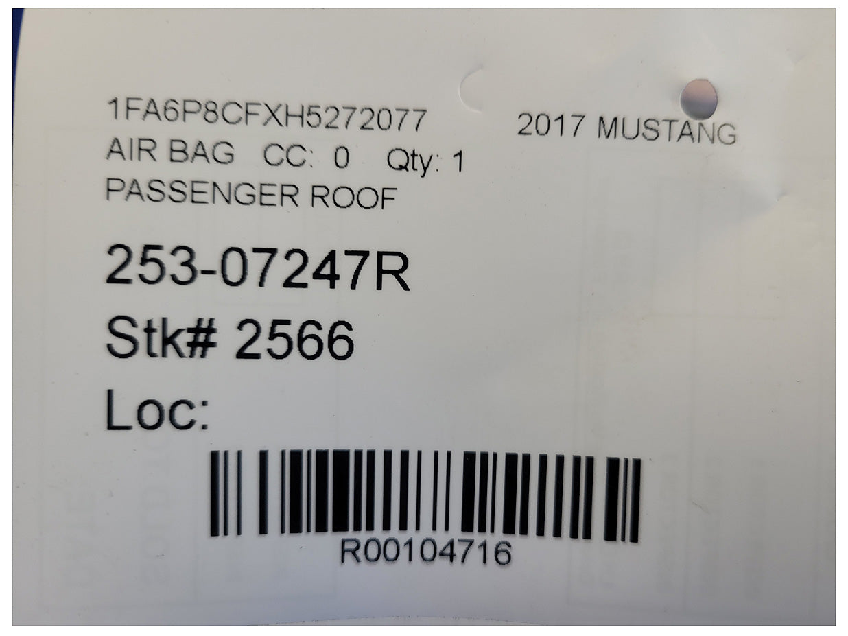 2015-2017 Ford Mustang GT S550 Coupe Passenger Upper Roof Curtain Air Bag 2566 - The Parts Farm