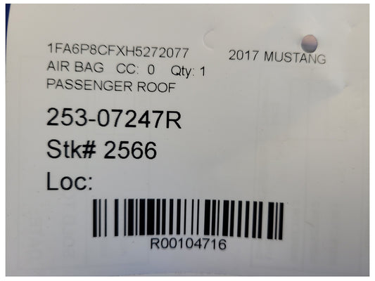 2015-2017 Ford Mustang GT S550 Coupe Passenger Upper Roof Curtain Air Bag 2566