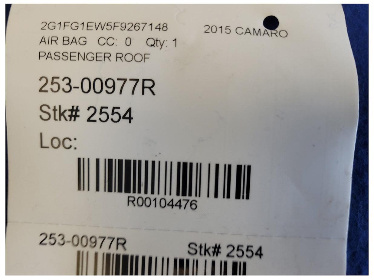 2015 Chevrolet Camaro SS Coupe Passenger Roof Curtain Air Bag 2554 - The Parts Farm