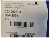 2015 Chevrolet Camaro SS Coupe Passenger Roof Curtain Air Bag 2554 - The Parts Farm