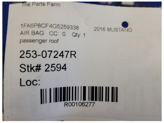 2015-2017 Ford Mustang GT S550 Coupe Passenger Upper Roof Curtain Air Bag 2594