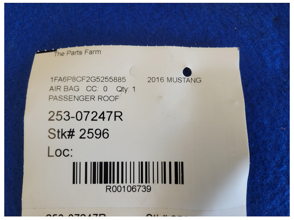 2015-2017 Ford Mustang GT S550 Coupe Passenger Upper Roof Curtain Air Bag 2596 - The Parts Farm