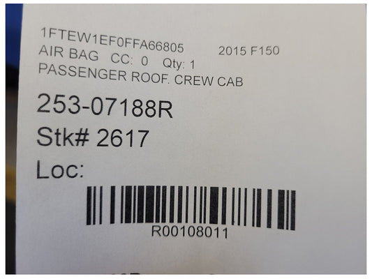 2017 Ford F150 Pickup Truck Passenger Upper Roof Curtain Air Bag 2617