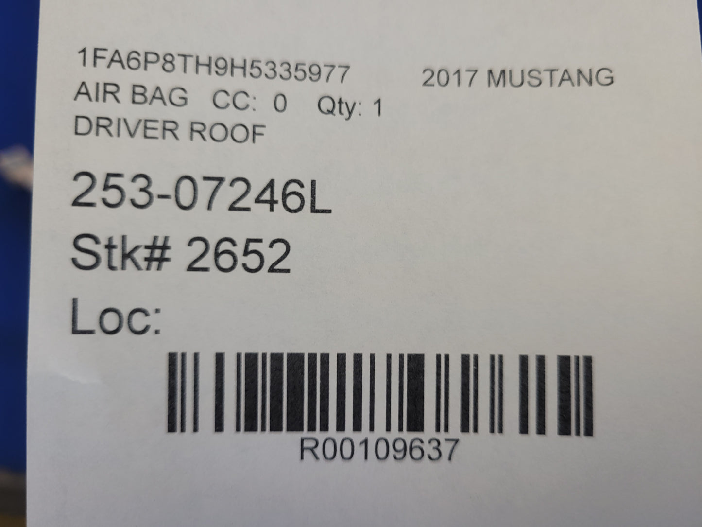 2015-2017 Ford Mustang GT S550 Driver Upper Roof Curtain Air Bag 2652 - The Parts Farm