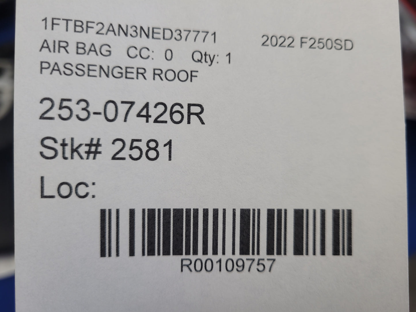 2017-2022 F250 Pickup Truck Passenger Roof Curtain Air Bag Crew Cab 2581 - The Parts Farm