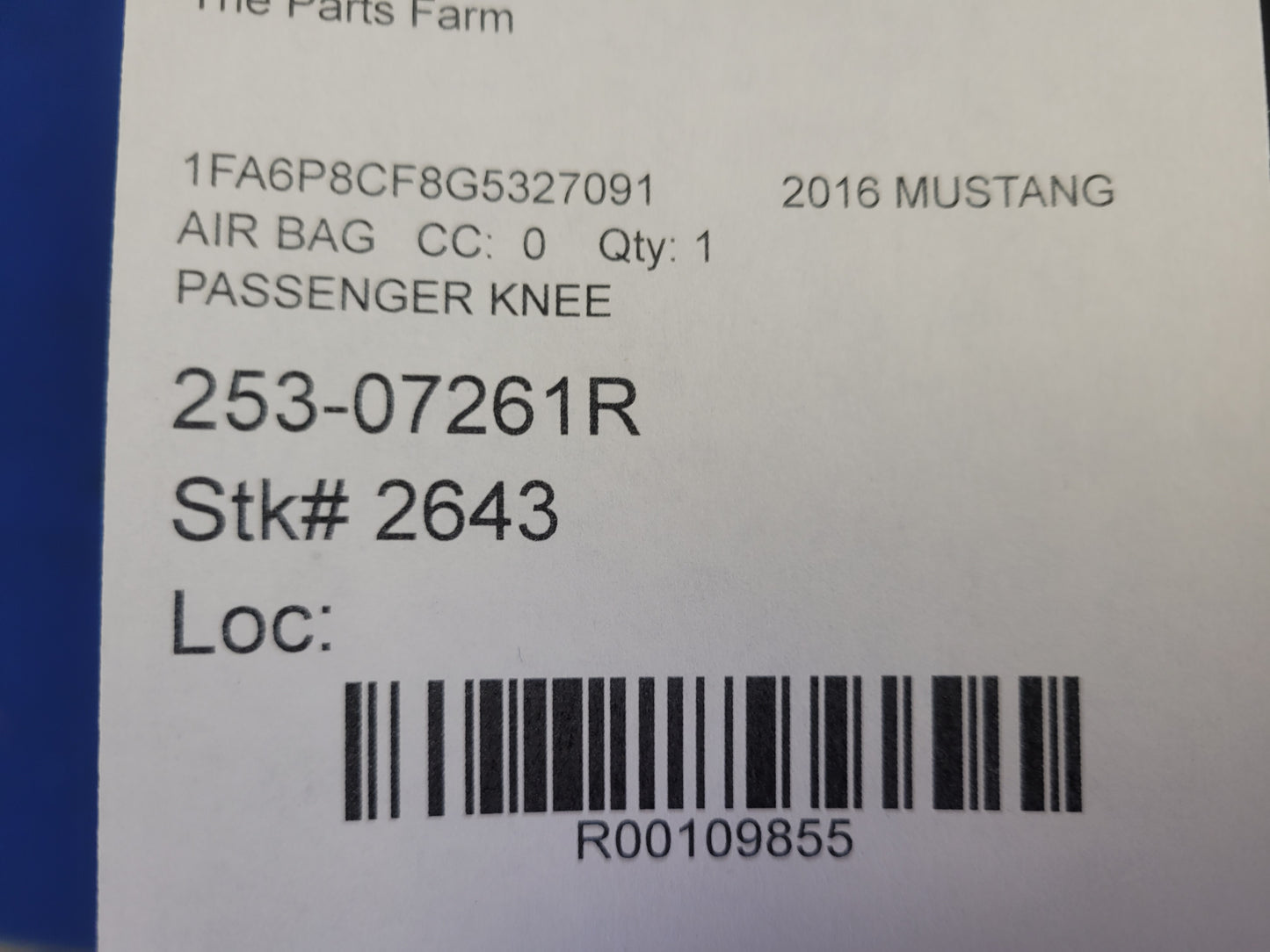 2015-2017 Ford Mustang GT Coupe Passenger Dash Lower Knee Air Bag 2643 - The Parts Farm