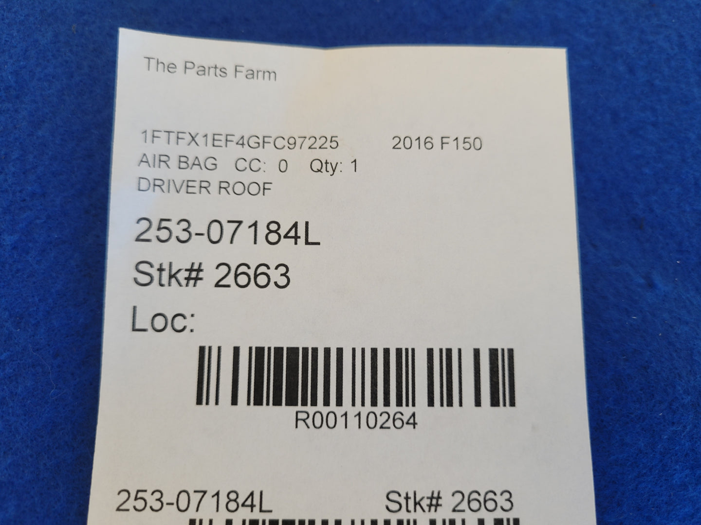 2015-2017 Ford F150 F-150 Pickup Truck Driver Left Roof Curtain Air Bag Crew Cab 2663 - The Parts Farm