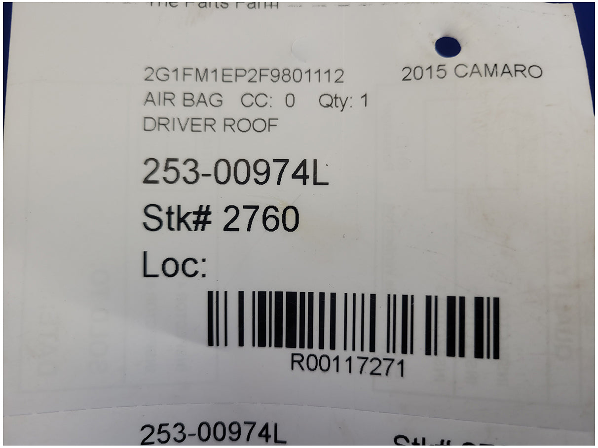 2015 Chevrolet Camaro SS Coupe Driver Roof Curtain Air Bag 2760